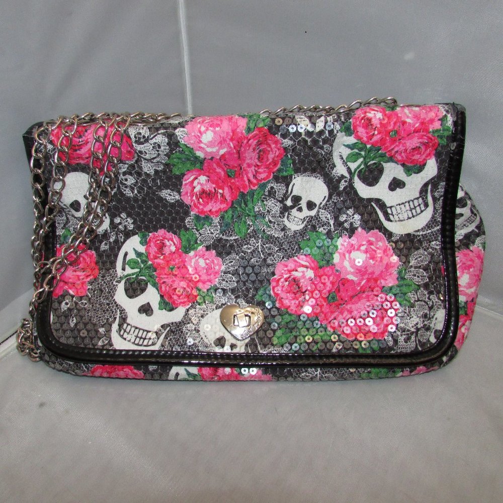 Betsey Johnson Sequin Skull Rose Satchel Shoulder Bag Pre-Owned As Is